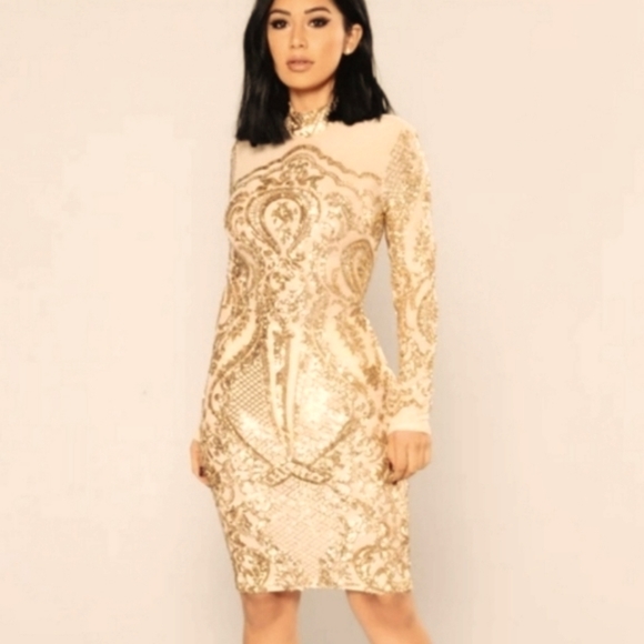 Fashion Nova Dresses & Skirts - Gold sequin Sheer nude mesh dress Medium Long Sleeve EUC